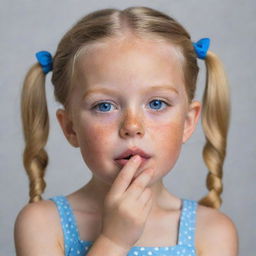 A sweet 5-year-old girl, adorned with freckles and bright blue eyes, is blowing a kiss. She has blonde hair arranged in two pigtails and one hand resting on her cheek.