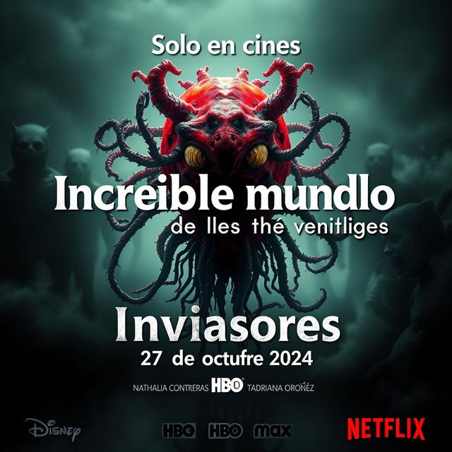 A captivating and eerie movie poster titled 'Increible mundo de los invasores' featuring a striking yet unsettling microorganism prominently displayed at the center