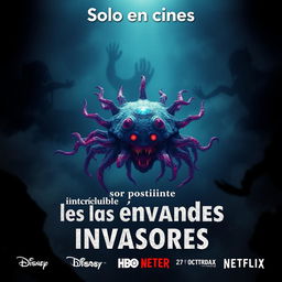 A captivating and eerie movie poster titled 'Increible mundo de los invasores' featuring a striking yet unsettling microorganism prominently displayed at the center