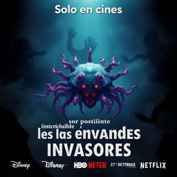 A captivating and eerie movie poster titled 'Increible mundo de los invasores' featuring a striking yet unsettling microorganism prominently displayed at the center