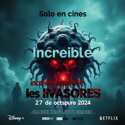 A captivating and eerie movie poster titled 'Increible mundo de los invasores' featuring a striking yet unsettling microorganism prominently displayed at the center