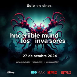 A captivating and eerie movie poster titled 'Increible mundo de los invasores' featuring a striking yet unsettling microorganism prominently displayed at the center