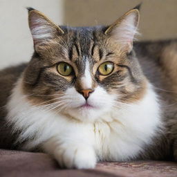 A furry domestic cat lounging lazily, with bright eyes and a playful demeanor.