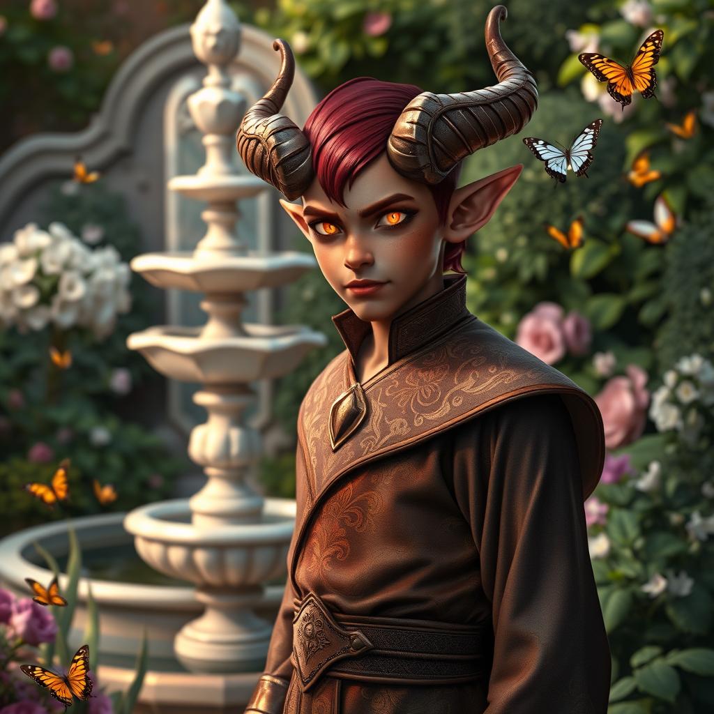 A young tiefling noble, characterized by distinct reddish skin and elegantly curved horns, standing confidently in a lush garden