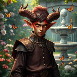 A young tiefling noble, characterized by distinct reddish skin and elegantly curved horns, standing confidently in a lush garden