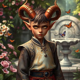 A young tiefling noble, characterized by distinct reddish skin and elegantly curved horns, standing confidently in a lush garden