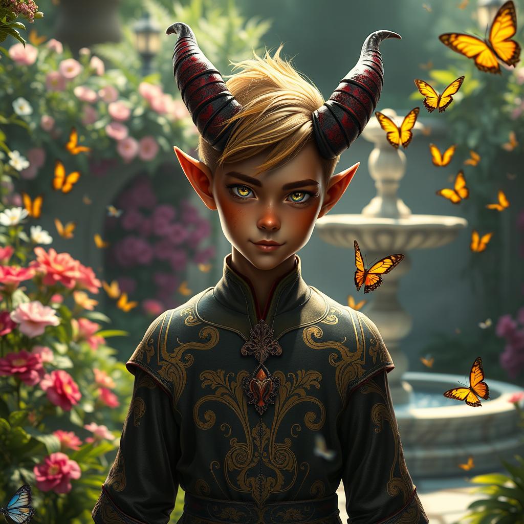 A young tiefling noble, characterized by distinct reddish skin and elegantly curved horns, standing confidently in a lush garden