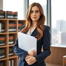 A professional female lawyer standing in a modern office, dressed in a tailored navy blue suit