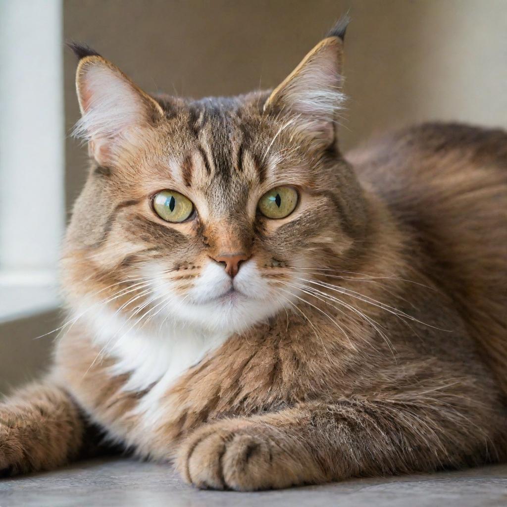 A furry domestic cat lounging lazily, with bright eyes and a playful demeanor.