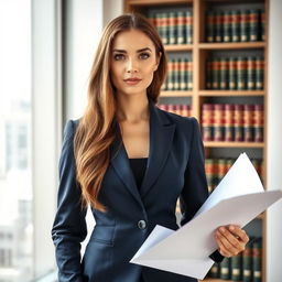 A professional female lawyer standing in a modern office, dressed in a tailored navy blue suit