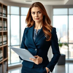 A professional female lawyer standing in a modern office, dressed in a tailored navy blue suit