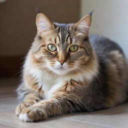 A furry domestic cat lounging lazily, with bright eyes and a playful demeanor.