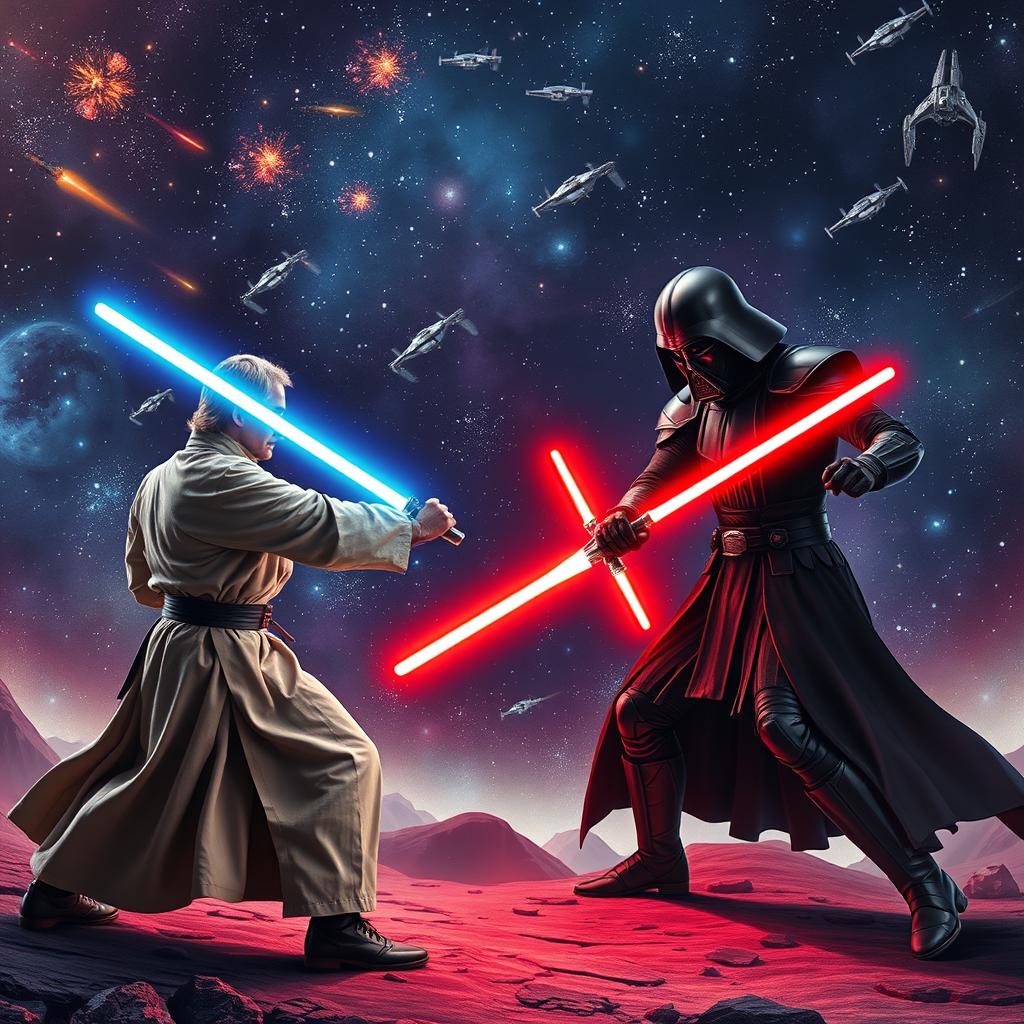 A dynamic scene from a galaxy far, far away, capturing a lightsaber duel between a Jedi and a Sith