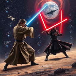 A dynamic scene from a galaxy far, far away, capturing a lightsaber duel between a Jedi and a Sith