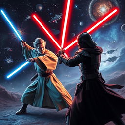 A dynamic scene from a galaxy far, far away, capturing a lightsaber duel between a Jedi and a Sith