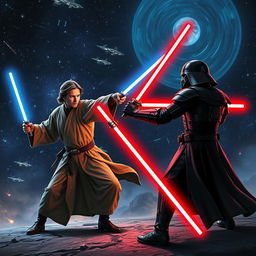 A dynamic scene from a galaxy far, far away, capturing a lightsaber duel between a Jedi and a Sith