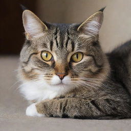 A furry domestic cat lounging lazily, with bright eyes and a playful demeanor.