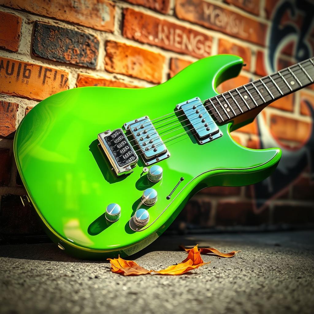 A vibrant green electric guitar resting against a brick wall, with the sun's rays casting beautiful reflections on its glossy surface