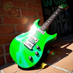 A vibrant green electric guitar resting against a brick wall, with the sun's rays casting beautiful reflections on its glossy surface