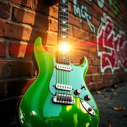 A vibrant green electric guitar resting against a brick wall, with the sun's rays casting beautiful reflections on its glossy surface