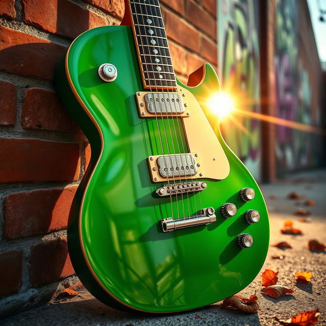 A vibrant green electric guitar resting against a brick wall, with the sun's rays casting beautiful reflections on its glossy surface