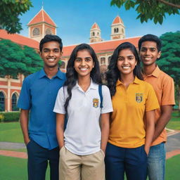 Create a vibrant and colorful cartoon scene of six diverse Sri Lankan university students, each with unique style and traits, with iconic Sri Lankan university scenery in the background.