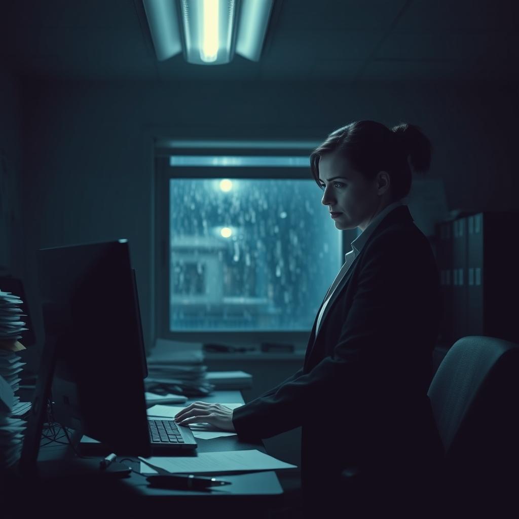 A tense and atmospheric scene set in a dimly lit office, featuring a woman in a sharp business suit, deeply focused on her computer screen