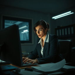 A tense and atmospheric scene set in a dimly lit office, featuring a woman in a sharp business suit, deeply focused on her computer screen