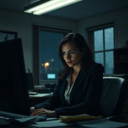 A tense and atmospheric scene set in a dimly lit office, featuring a woman in a sharp business suit, deeply focused on her computer screen