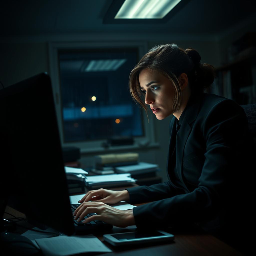 A tense and atmospheric scene set in a dimly lit office, featuring a woman in a sharp business suit, deeply focused on her computer screen