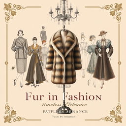 A detailed cover design for a fashion history book titled "Fur in Fashion: A Timeless Elegance"