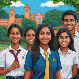 Create a vibrant and colorful cartoon scene of six diverse Sri Lankan university students, each with unique style and traits, with iconic Sri Lankan university scenery in the background.