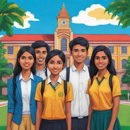 Create a vibrant and colorful cartoon scene of six diverse Sri Lankan university students, each with unique style and traits, with iconic Sri Lankan university scenery in the background.