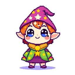 A cute, pixel character design depicted in a 16x16 pixel art style, featuring bright colors and a whimsical expression