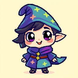 A cute, pixel character design depicted in a 16x16 pixel art style, featuring bright colors and a whimsical expression