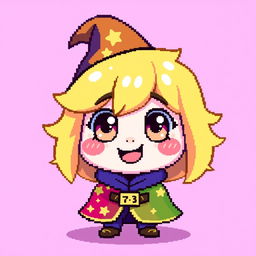 A cute, pixel character design depicted in a 16x16 pixel art style, featuring bright colors and a whimsical expression