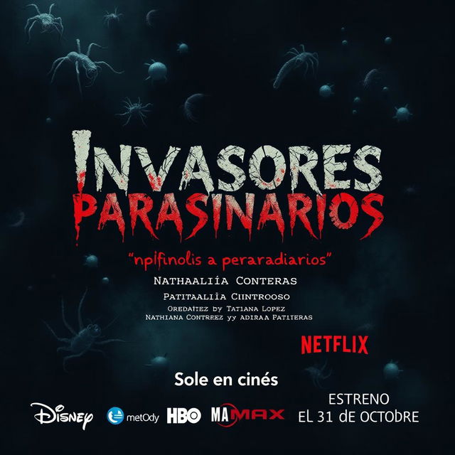 A chilling horror-themed poster titled 'Invasores parasitarios'