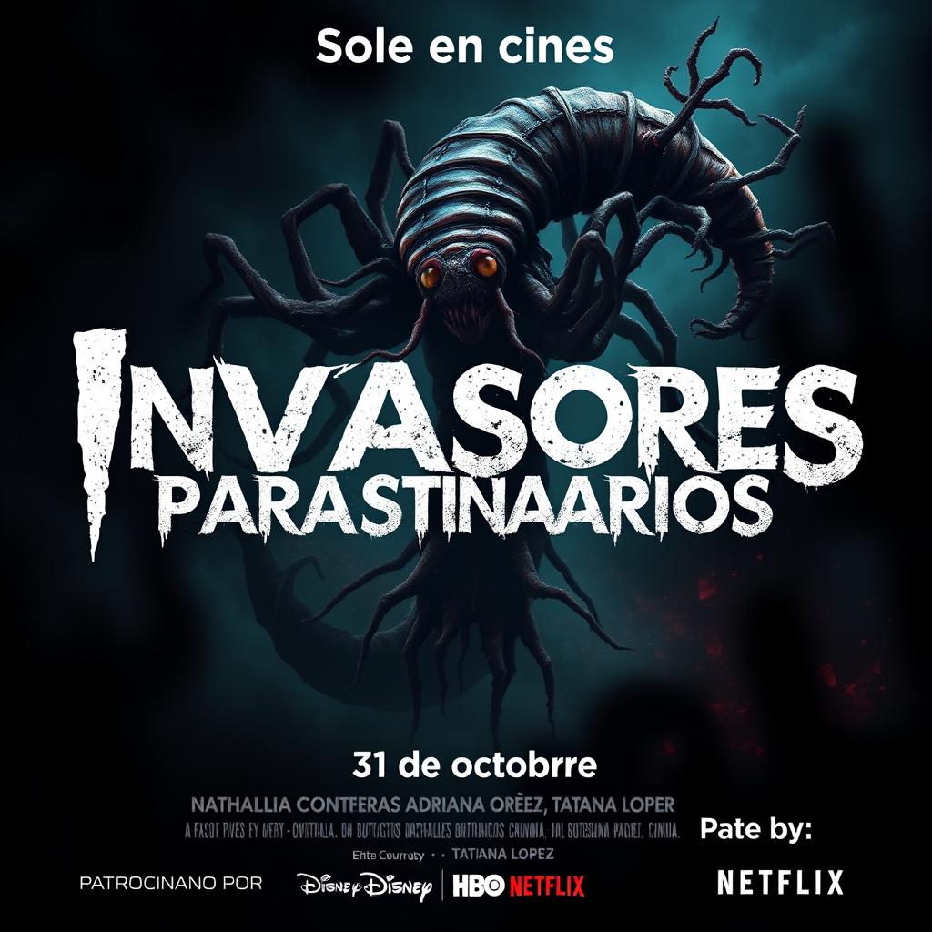 A terrifying movie poster titled 'Invasores parasitarios' designed to evoke horror and suspense