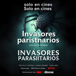 A terrifying movie poster titled 'Invasores parasitarios' designed to evoke horror and suspense