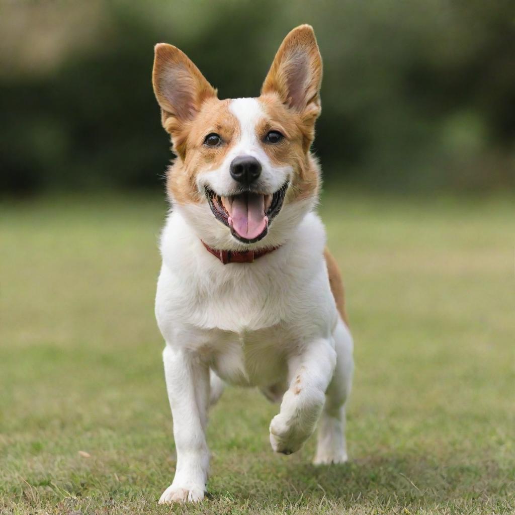 A cheerful and energetic dog in an outdoor setting, wagging its tail and ready to play.