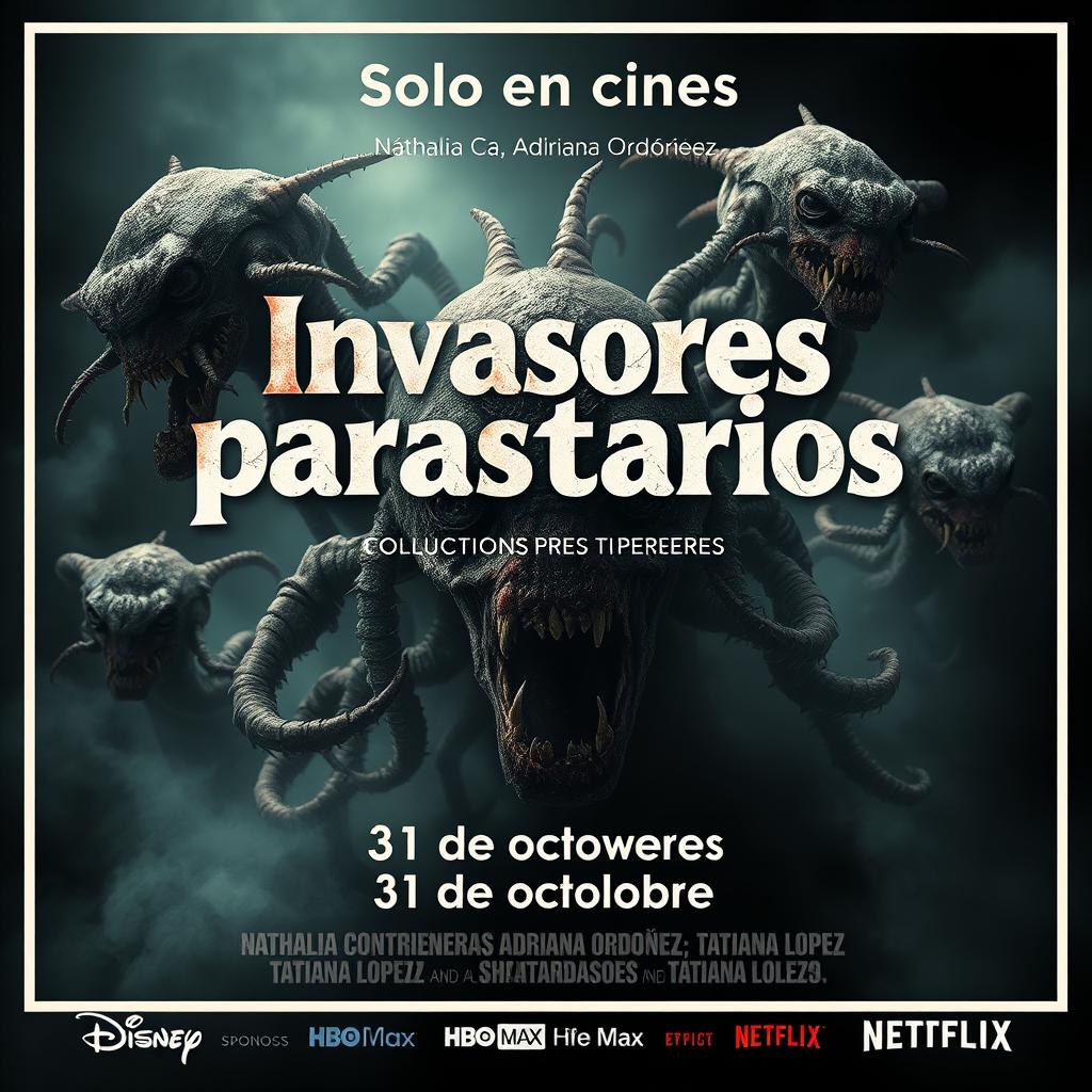 A terrifying movie poster titled 'Invasores parasitarios' featuring grotesque and unsettling images of repulsive microorganisms as the focal point