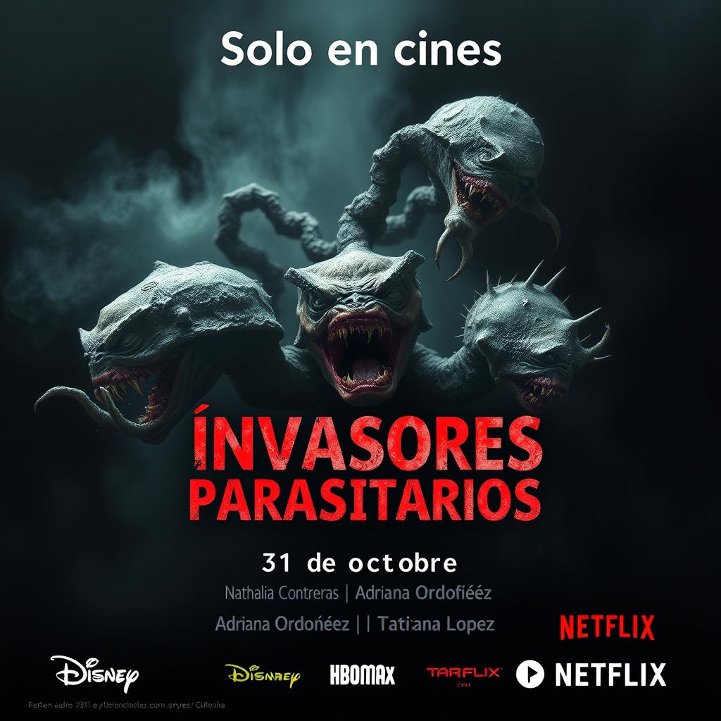 A terrifying movie poster titled 'Invasores parasitarios' featuring grotesque and unsettling images of repulsive microorganisms as the focal point