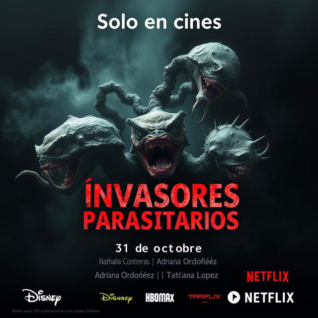 A terrifying movie poster titled 'Invasores parasitarios' featuring grotesque and unsettling images of repulsive microorganisms as the focal point