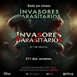 A terrifying movie poster titled 'Invasores parasitarios' featuring grotesque and unsettling images of repulsive microorganisms as the focal point