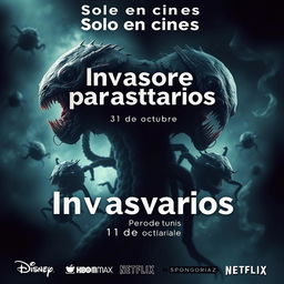 A terrifying movie poster titled 'Invasores parasitarios' featuring grotesque and unsettling images of repulsive microorganisms as the focal point