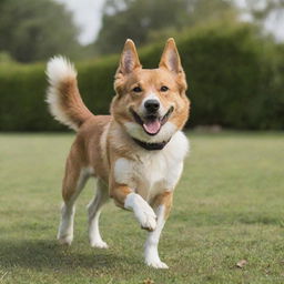 A cheerful and energetic dog in an outdoor setting, wagging its tail and ready to play.