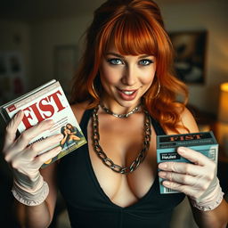 A stunning close-up shot of a gorgeous female redhead, showcasing her torso in a tank top embellished with punk chains