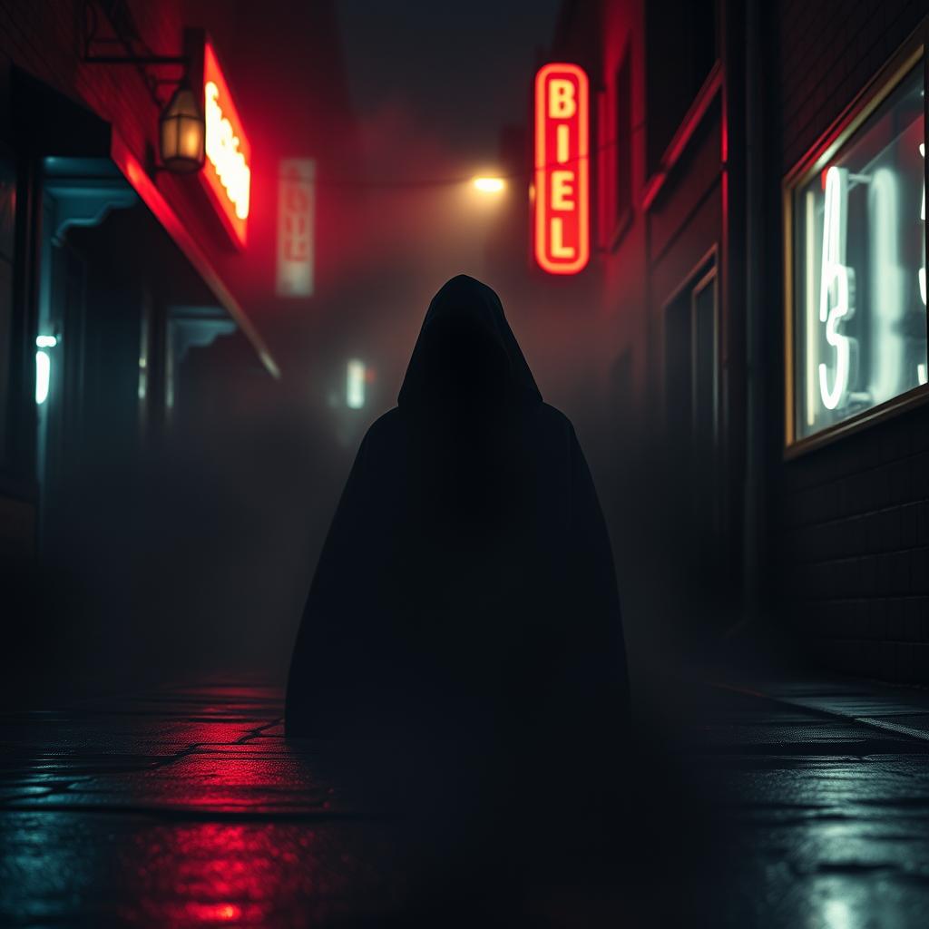 A suspenseful and thrilling scene set in a dimly lit urban alley, featuring a mysterious figure cloaked in shadows, with only their piercing eyes visible