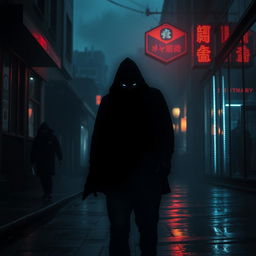 A suspenseful and thrilling scene set in a dimly lit urban alley, featuring a mysterious figure cloaked in shadows, with only their piercing eyes visible