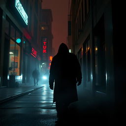 A suspenseful and thrilling scene set in a dimly lit urban alley, featuring a mysterious figure cloaked in shadows, with only their piercing eyes visible